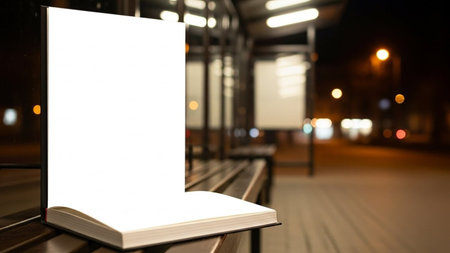 Blank book on a bench in the city at night. Mock upの写真素材