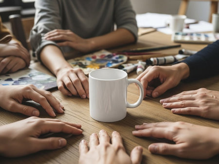 Group of people hands holding white cup of coffee on wooden table.の写真素材