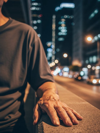 Closeup of a man's hand in the city at night.の写真素材