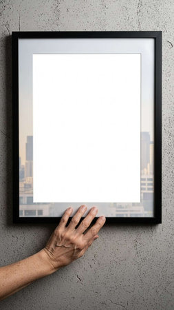 Hands holding blank picture frame on concrete wall with cityscape backgroundの写真素材