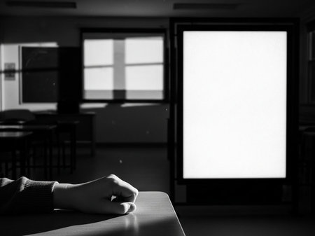 A person is sitting at the table in front of a blank white screenの写真素材