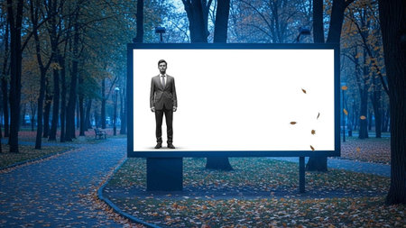 Businessman standing in front of a billboard in a city park.の写真素材
