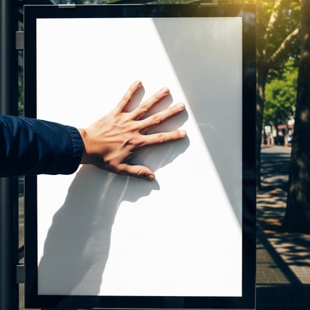 Man hand holding white blank billboard in city. Mock up, 3D renderingの写真素材