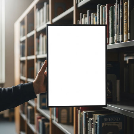 Mockup image of a male hand holding a blank white screen in a libraryの写真素材