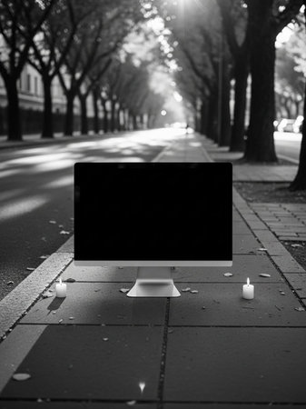 Black and white image of a black computer monitor with a blank black screen on the street in the evening.の写真素材