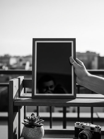 Black and white photo frame in hand of man on terrace.の写真素材