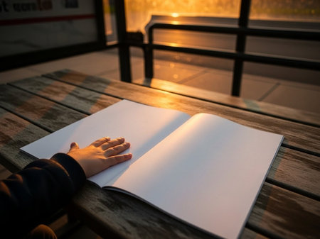 Blank paper sheet on wooden table. Copy space.の写真素材