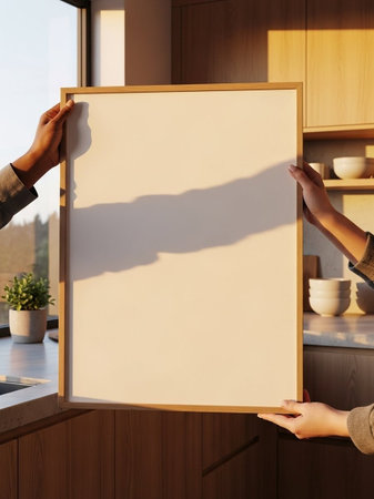 Hands holding a blank sheet of paper on the background of the kitchenの写真素材