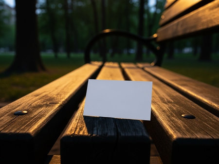 Blank business card on a wooden bench in the park at nightの写真素材