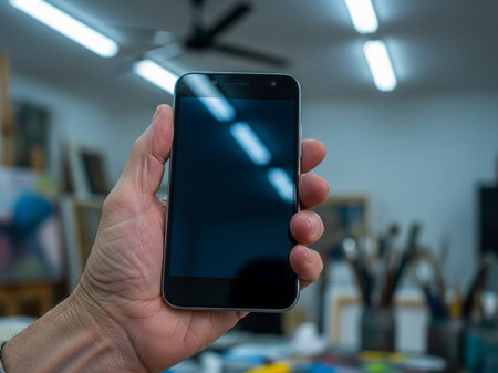 Male hand holding a smartphone with a blank screen.の写真素材