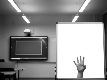 Black and white image of hand pointing at the whiteboard in the office.の写真素材