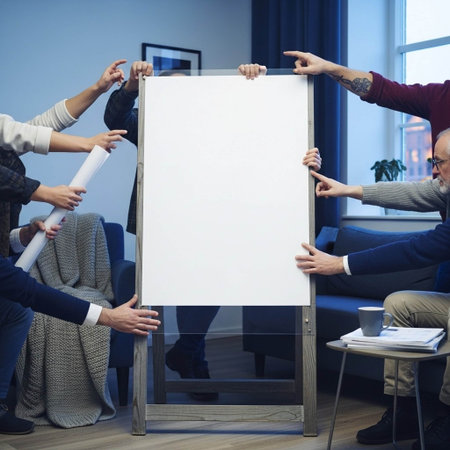 Business people holding a blank whiteboard with copy space in the officeの写真素材