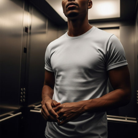 Cropped image of african american man in white t-shirt standing in elevatorの写真素材