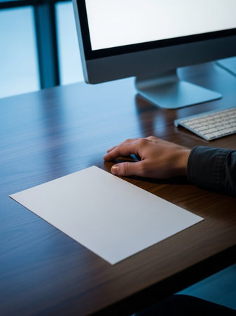 Close-up of male hands using computer at desk in creative officeの写真素材