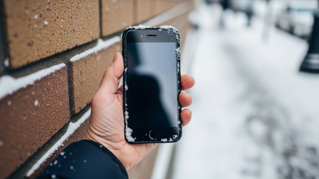 Female hand holding a smartphone with a black screen in the snow.の写真素材