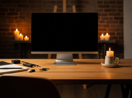Desktop computer with blank screen and coffee cup on wooden table in officeの写真素材