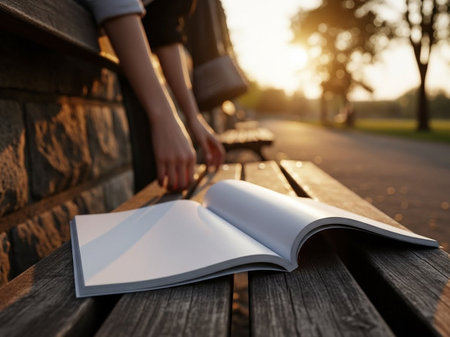 Young woman reading book on wooden bench in park at sunset, closeupの写真素材