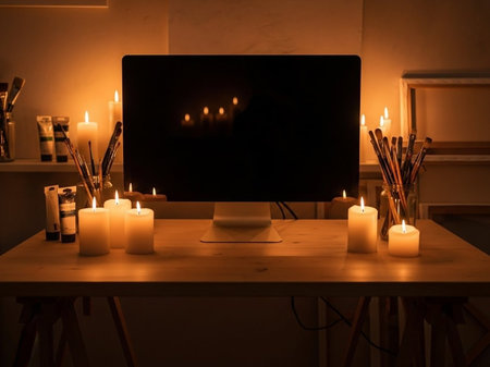 Candle and monitor on a wooden desk in a dark room.の写真素材