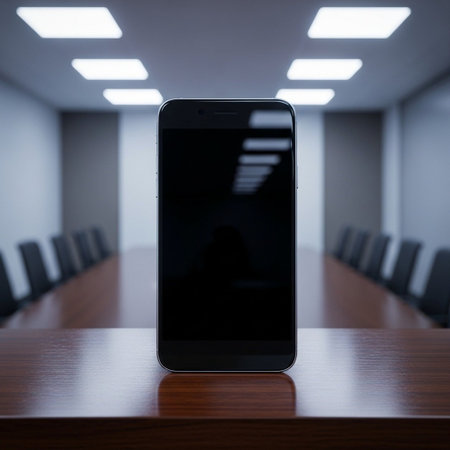Smartphone with blank screen on the table in a meeting room.の写真素材