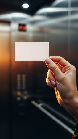 Close-up of woman's hand holding blank business card in elevatorの写真素材