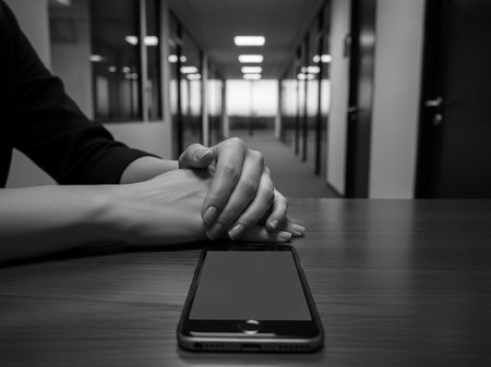 Black and white image of person using smart phone at office.の写真素材