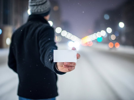 Man holding a blank business card on city street at night. Blurred backgroundの写真素材