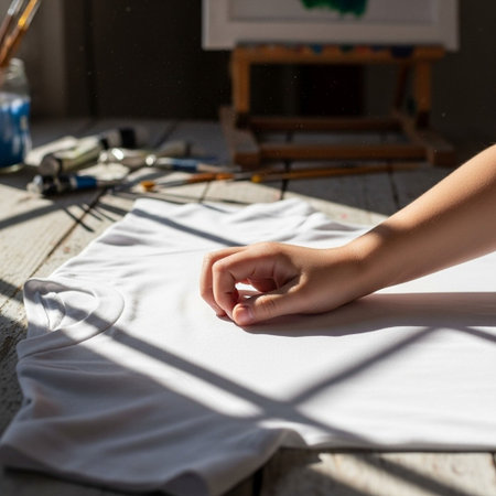 Child's hand with a white t-shirt on the table in the studioの写真素材