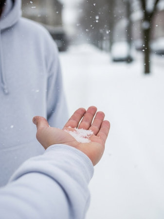 A man holds a handful of snow in his hand. Winter backgroundの写真素材