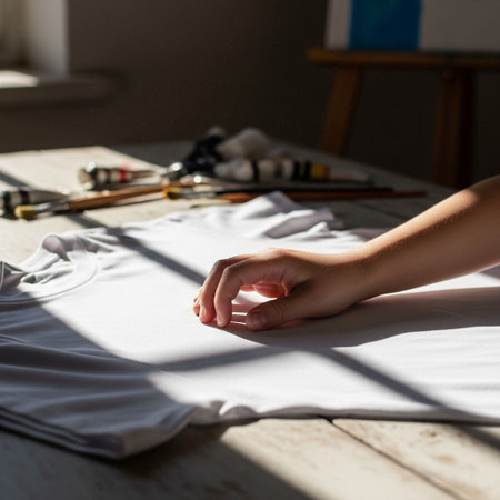 Close-up of the hands of a young woman who draws on a white T-shirt.の写真素材