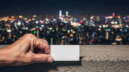 Hand holding blank business card over blurred cityscape and skyscraper at nightの写真素材