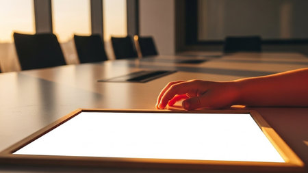 Close-up of businesswoman's hand using tablet on table in meeting roomの写真素材