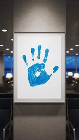 Hand print on the wall at the airport, conceptual image of information securityの写真素材