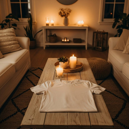 Interior of a living room with candles and a white t-shirtの写真素材