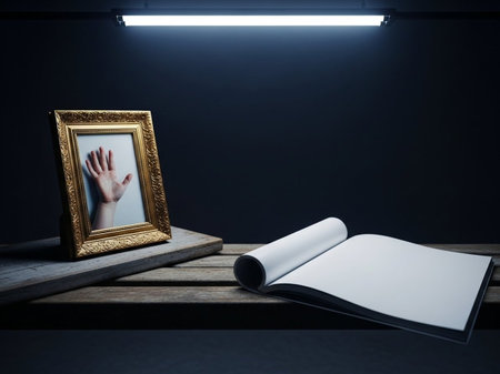 Hand with book and picture frame on wooden table in dark room.の写真素材