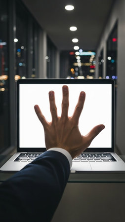 Businessman hand using laptop with blank screen in modern office building.の写真素材