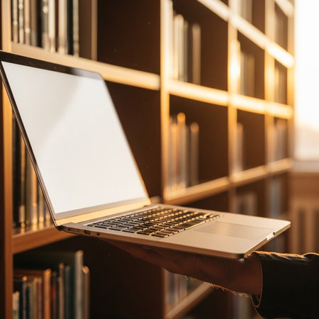 Male hand holding laptop with blank screen on the bookshelf backgroundの写真素材