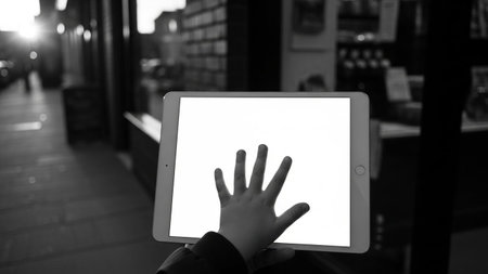 Woman using digital tablet in the city. Black and white image.の写真素材