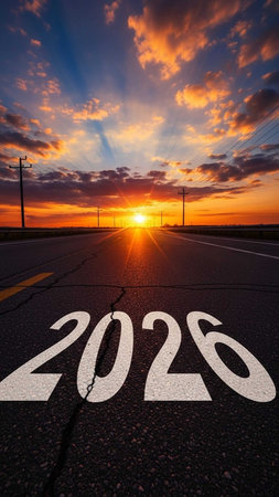 Asphalt road leading to the new year with sunset sky backgroundの写真素材