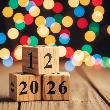 Wooden cubes with number 2026 on bokeh background.の写真素材