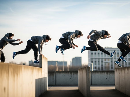 Group of young people jumping on a ramp in an urban environment.の写真素材