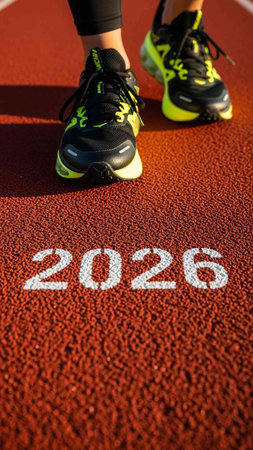 Close-up of running shoes on a running track with numbersの写真素材