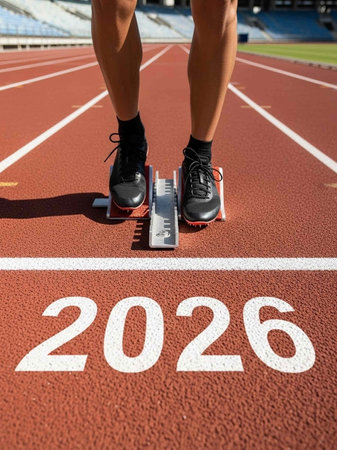 Close-up of female athlete ready to run on track in stadiumの写真素材