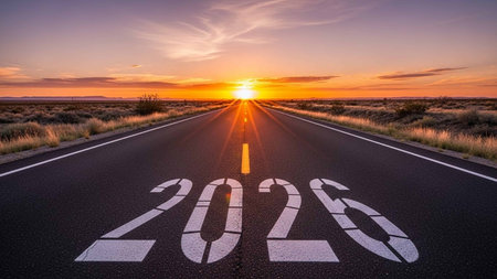 new year road sign on the highway leading to the horizon.の写真素材