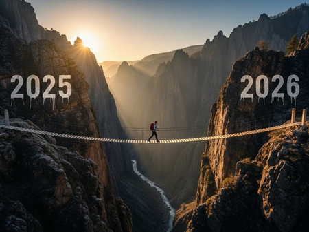 Man walking along a suspension bridge in the mountains at sunset.の写真素材