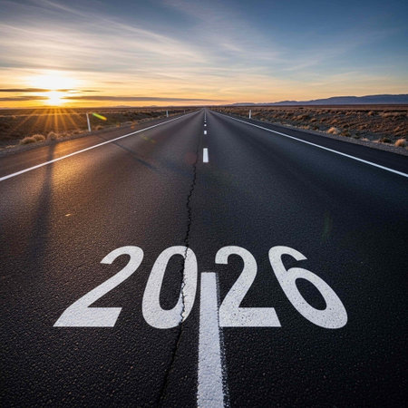 Road to the new year with asphalt road and sunset sky.の写真素材