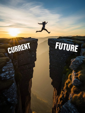 Man jumping over a cliff with the words above him.の写真素材
