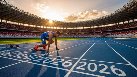 Athlete at the starting line on a track and field stadium.の写真素材