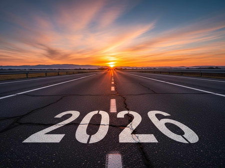 Road to the new year with the sun setting behind the cloudsの写真素材