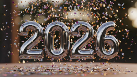Happy New Year. Silver numbers and confetti on bokeh backgroundの写真素材