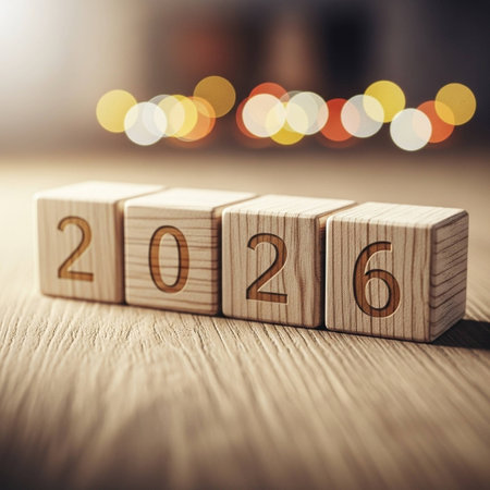 Wooden cubes with numbers 2016 and bokeh background. Happy New Year 2016の写真素材
